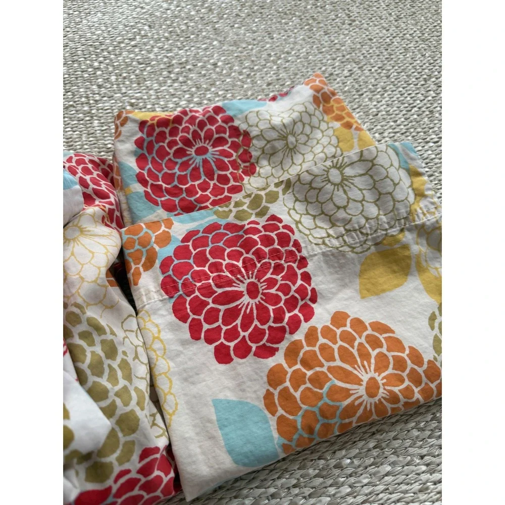 Garnet Hill Queen Sheet Set 100% Cotton Dahlia Floral Red Orange Yellow poppy - Picture 3 of 5
